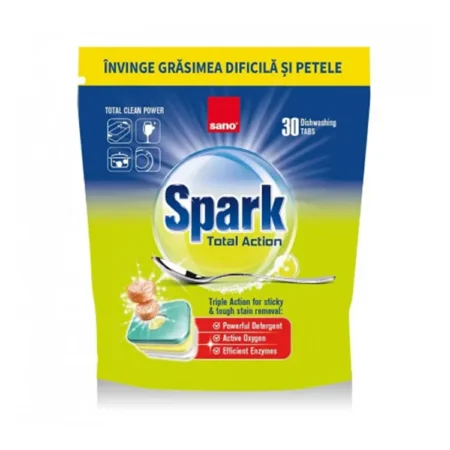 Tabletki detergentowe do zmywarek, 30 szt., SANO SPARK TOTAL ACTION
